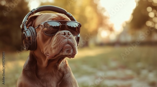 Cool dog wearing sunglasses and headphones enjoys a sunny day in the park with greenery surrounding