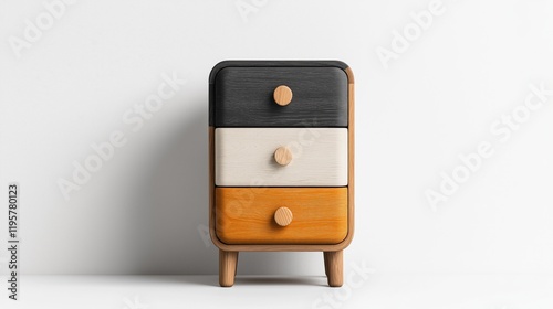 Colorful Chest of Drawers: A Modern Design with Contrasting Colors and Wooden Handles