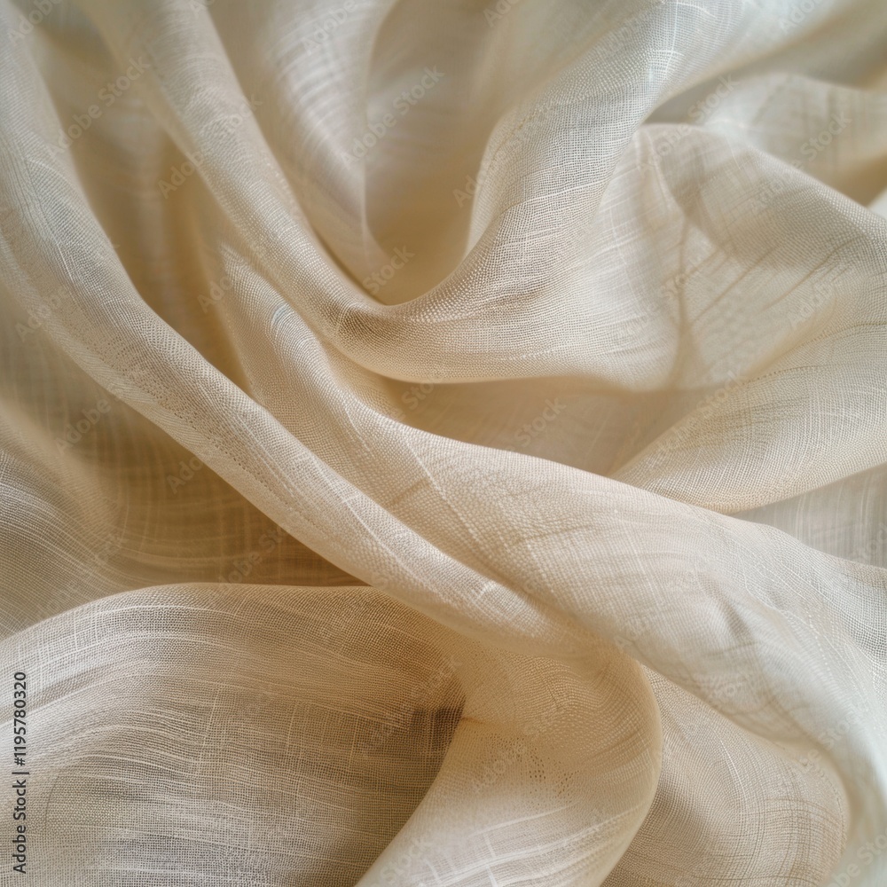 A close-up of soft, lightweight beige fabric, elegantly draped with subtle textures and gentle folds A close-up of soft, lightweight beige fabric, elegantly draped with subtle textures and gentle folds