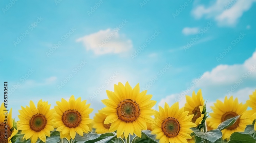 Obraz premium A vast field of sunflowers under a bright blue sky, with the flowers swaying gently in the breeze