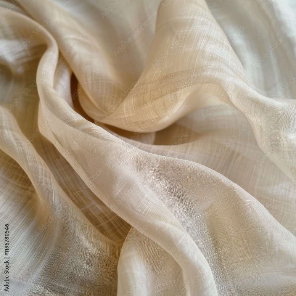 Close-up of light, sheer fabric in soft beige tones, showcasing delicate texture and gentle draping Close-up of light, sheer fabric in soft beige tones, showcasing delicate texture and gentle draping