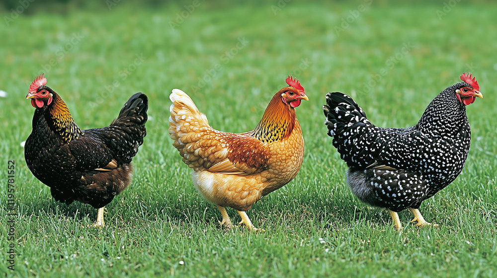 Fototapeta premium Photo of chickens scratching on a grassy field enjoying the outdoors