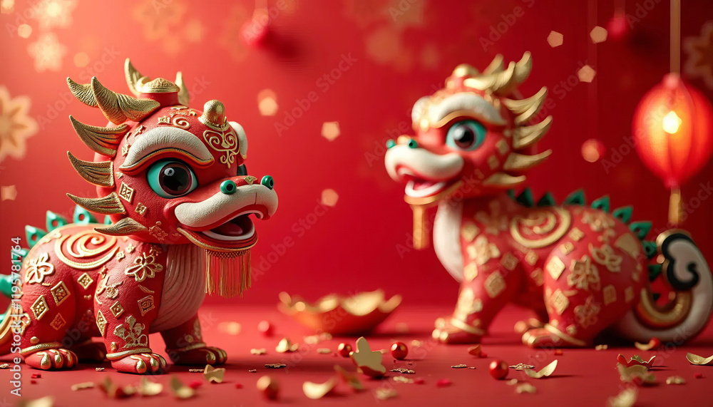 Chinese new year festival decorations, lion and dragon on red background Chinese new year festival decorations, lion and dragon on red background