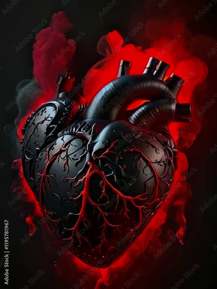 Heart with fire and smoke, animation illustration of an artificial machine black heart with red veins and red smoke around it isolated on black background generative AI
