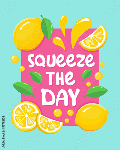Colorful lemon vector illustration with text squeeze the day.
vitamin vector abstract square illustration for banner, poster, flyer, banner, social media. Cartoon flat style.