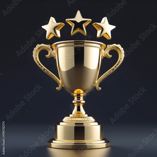 Golden trophy with ornate handles and pedestal base, three stars above against dark background, symbolizing achievement