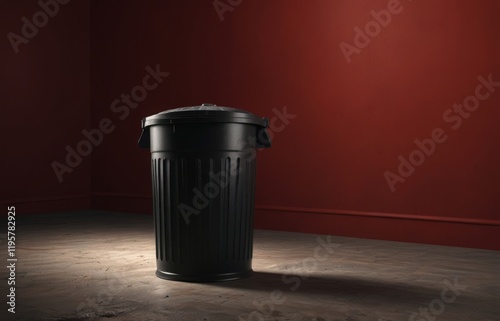 Dark trash can on a plain advertising background. Concept of ecology saving, recycling