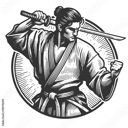 Bushido muscular samurai with katana, showcasing traditional Japanese warrior art sketch engraving generative ai fictional character vector illustration. Scratch board imitation. Black and white image