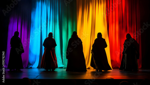 People in medieval costumes in the theater of shadows on the stage with colored curtains. The theme of the love triangle