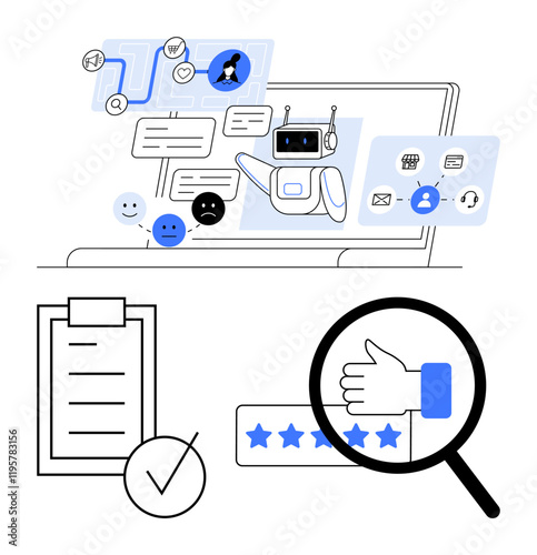 Robot chatbot interacts with users, analyzing feedback with happy and sad emotions. Includes rating stars, checklist, magnifying glass on a thumbs-up. Ideal for automation, feedback, customer