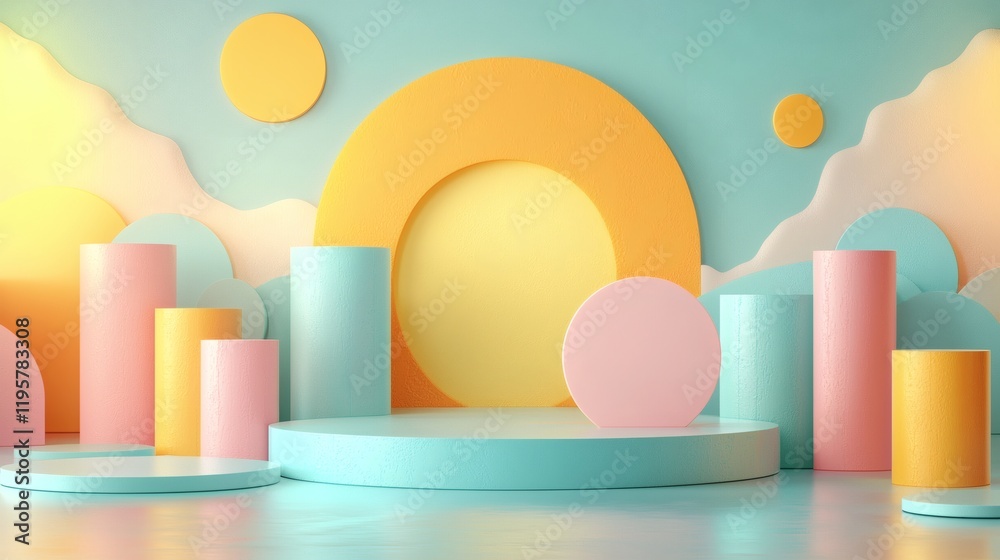 Pastel Dream: A whimsical 3D rendering with pastel colored cylinders and circles arranged against a backdrop of fluffy clouds. The scene is bathed in warm light. Pastel Dream: A whimsical 3D rendering with pastel colored cylinders and circles arranged against a backdrop of fluffy clouds. The scene is bathed in warm light.