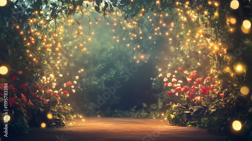 christmas backdrop with festive decorations and twinkling fairy lights to brighten up the scene. Brightfern. Illustration photo