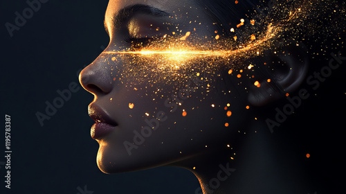 Close-up profile of a woman's face with glowing golden particles around the eyes, symbolizing self-awareness and introspection. Conceptual art with dark background and luminous effects.