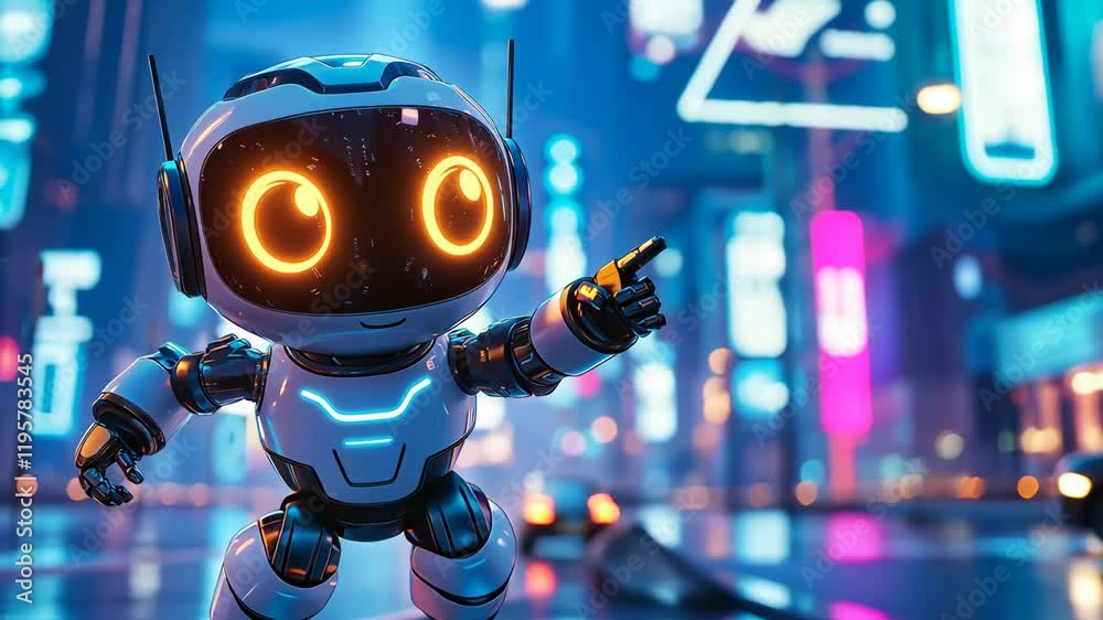 Friendly robot with glowing eyes standing in a futuristic setting with neon lights. AI and technology concept. Design for tech-themed banners and futuristic projects. High quality 4k footage Friendly robot with glowing eyes standing in a futuristic setting with neon lights. AI and technology concept. Design for tech-themed banners and futuristic projects. High quality 4k footage