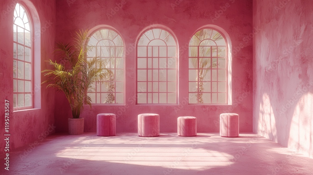Fototapeta premium Pink Room Aesthetic: A serene and stylish interior scene features a blush pink room with arched windows, soft sunlight streaming in, and three plush pink stools.