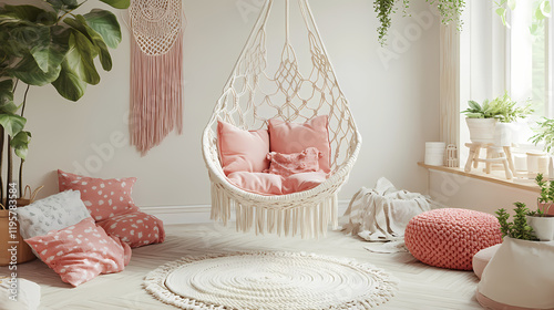 A playful macrame hanging chair for children in soft pink with decorative fringes and comfy pillows to brighten up any living room. Brightfern. Illustration photo