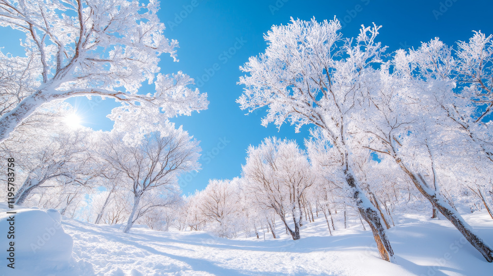 Snow-covered trees sparkle under bright blue sky in winter landscape Snow-covered trees sparkle under bright blue sky in winter landscape