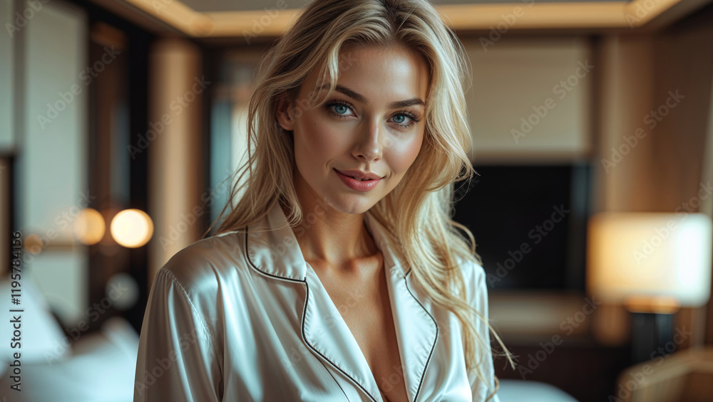 Fototapeta premium Model poses elegantly in luxurious hotel room during morning light