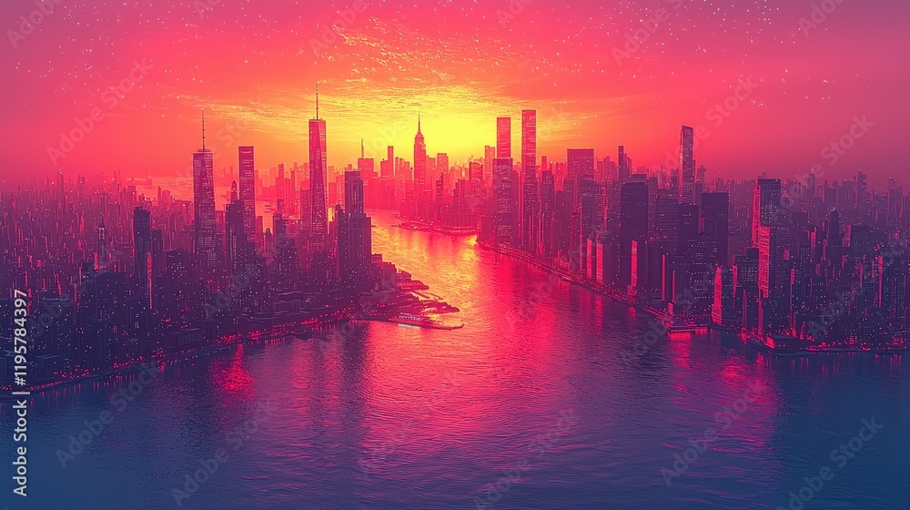 Fototapeta premium Cityscape Sunset Over River With Skyscrapers