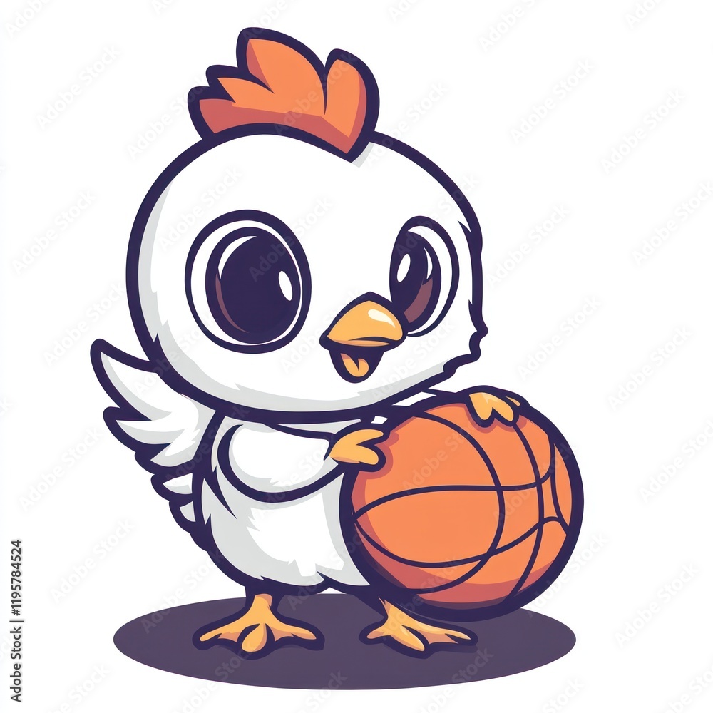 Fototapeta premium Chicken holding a basketball. Use children's book art. Plain background