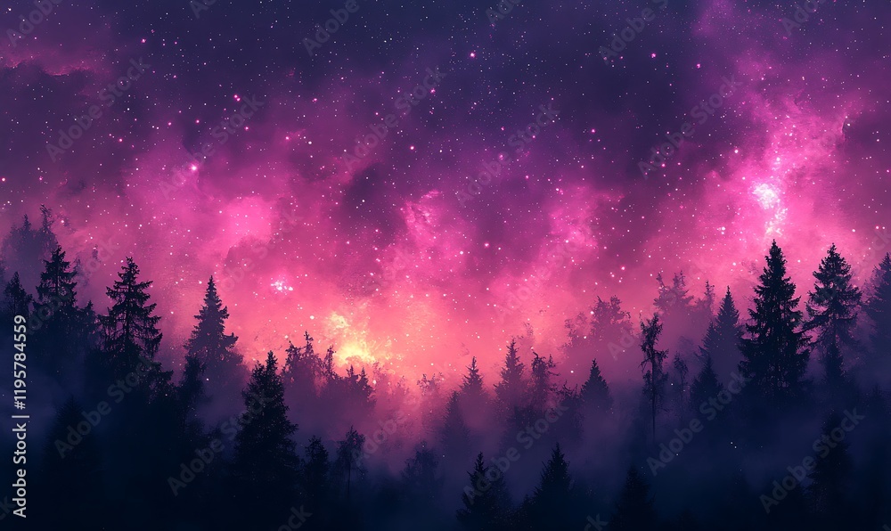 Naklejka premium Cosmic Violet and Pink Stars Spanning Across a Forest Silhouette