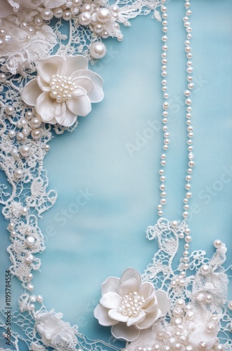 Elegant lace, pearls, flowers on blue background; wedding invitation design