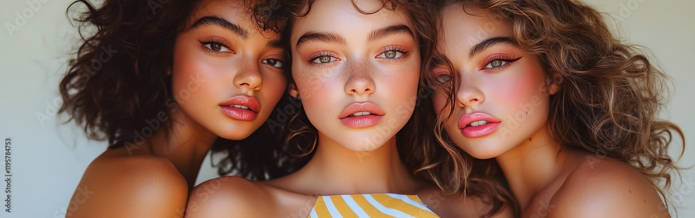 A close-up beauty shot of three diverse women with radiant complexions, highlighting unity, diversity, and empowerment in a natural summer aesthetic. A close-up beauty shot of three diverse women with radiant complexions, highlighting unity, diversity, and empowerment in a natural summer aesthetic.
