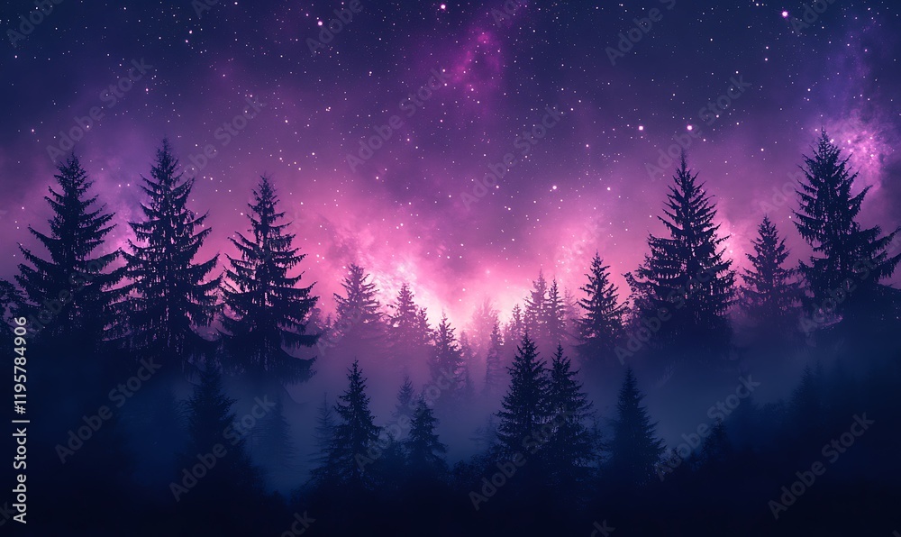 Cosmic Violet and Pink Stars Spanning Across a Forest Silhouette Cosmic Violet and Pink Stars Spanning Across a Forest Silhouette