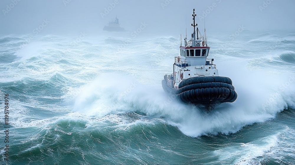 Fototapeta premium Tugboat navigating stormy sea.