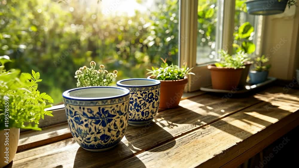 Lush green plants and decorative pots on a rustic wooden windowsill in bright sunlight Lush green plants and decorative pots on a rustic wooden windowsill in bright sunlight
