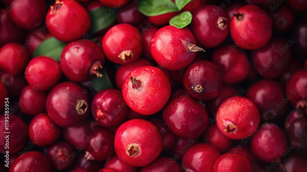 A close-up of vibrant red cranberries with green leaves scattered throughout A close-up of vibrant red cranberries with green leaves scattered throughout