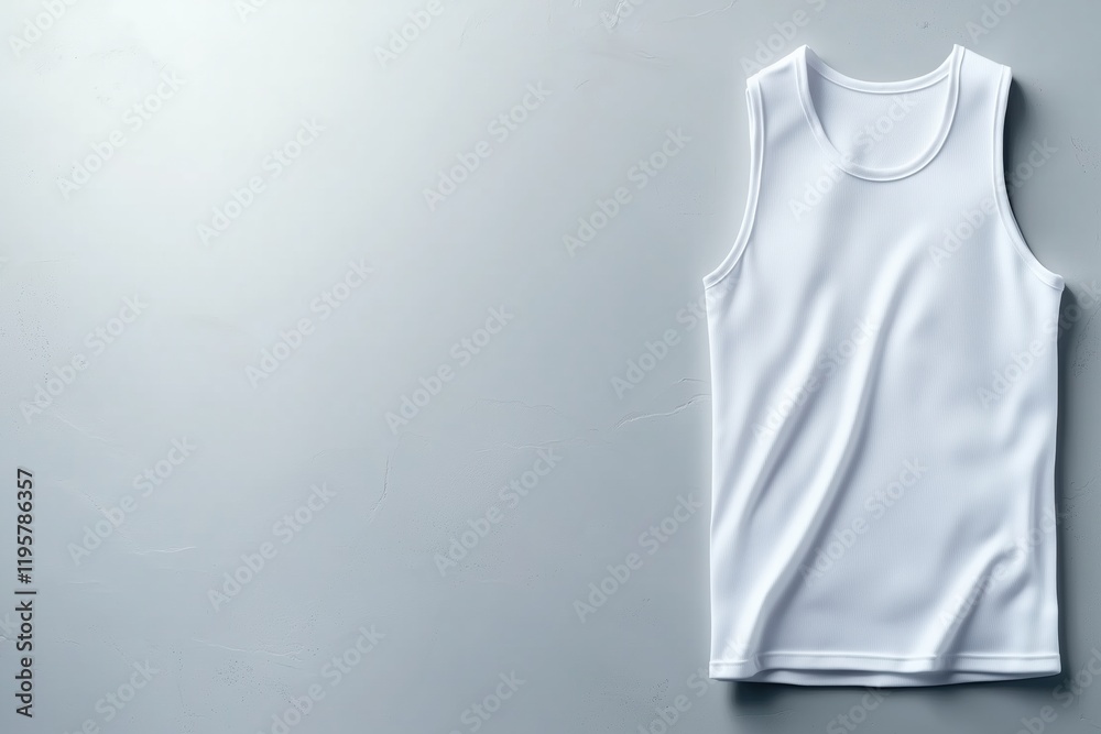 White tank top on a light gray background with copy space. activewear branding concept White tank top on a light gray background with copy space. activewear branding concept