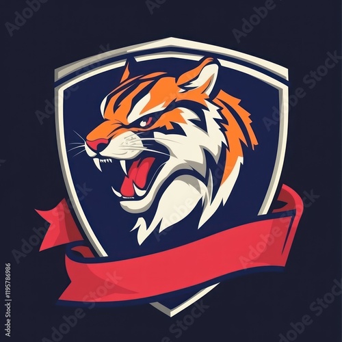 Fierce tiger head emblem on shield with banner, graphic design photo