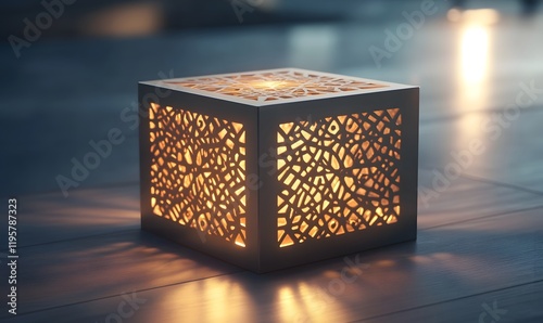 Illuminated cube lamp with intricate cut-out design.