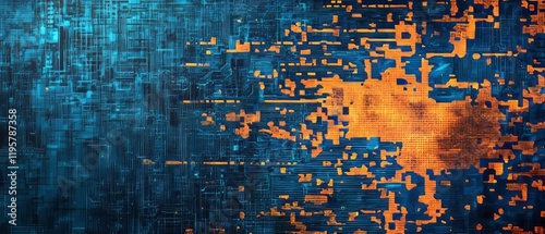 Glitch effect showcasing digital breakdown with vibrant blue and orange patterns highlighting technological failure
