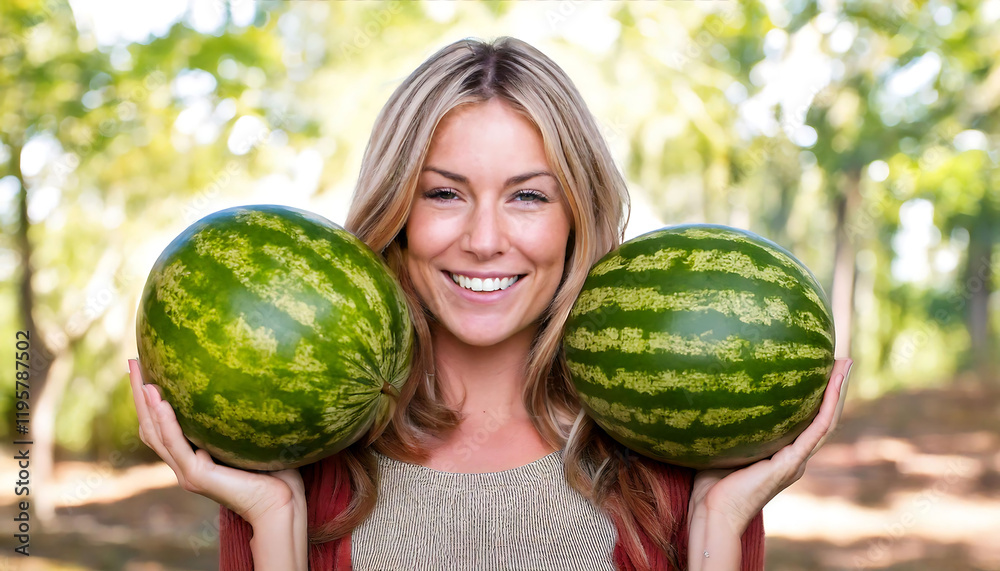 Happy woman holding two watermelons outdoors. Perfect for summer, healthy eating, or fresh produce themes. Ideal for websites, blogs, or social media. Bright, cheerful image with a natural backdrop. Happy woman holding two watermelons outdoors. Perfect for summer, healthy eating, or fresh produce themes. Ideal for websites, blogs, or social media. Bright, cheerful image with a natural backdrop.