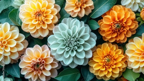 A bouquet of flowers with a mix of orange and green dahlias. The flowers are arranged in a way that creates a sense of harmony and balance. The colors of the flowers complement each other