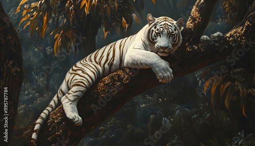 Rare white tigers climbing trees in their natural jungle habitat
