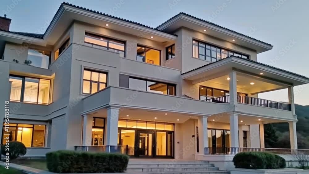 Exterior view of a modern luxury mansion at dusk, with warm lights creating a welcoming atmosphere. Exterior view of a modern luxury mansion at dusk, with warm lights creating a welcoming atmosphere.