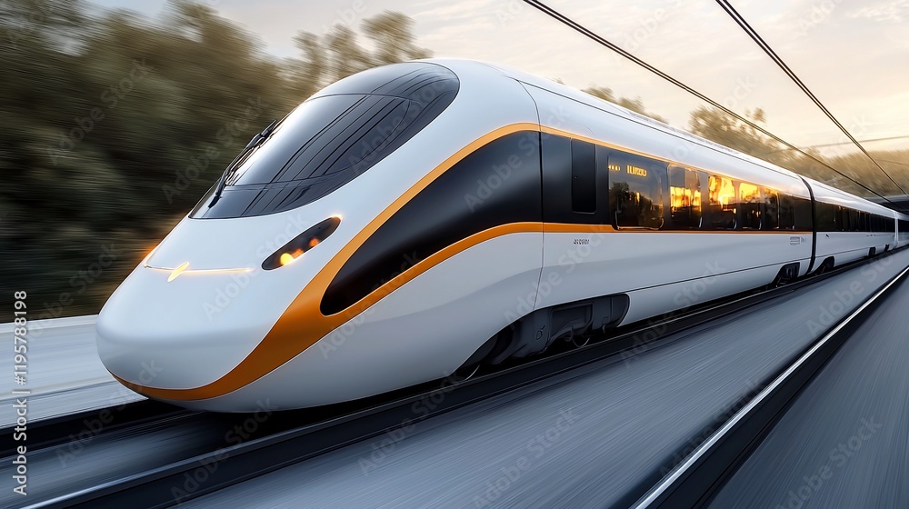 Fototapeta premium High-speed train traveling at sunset.