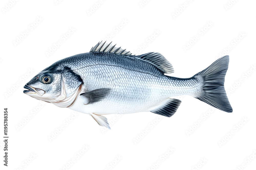 Fototapeta premium Silver sea bass fish isolated on white transparent background, showcasing its shiny scales and natural texture.