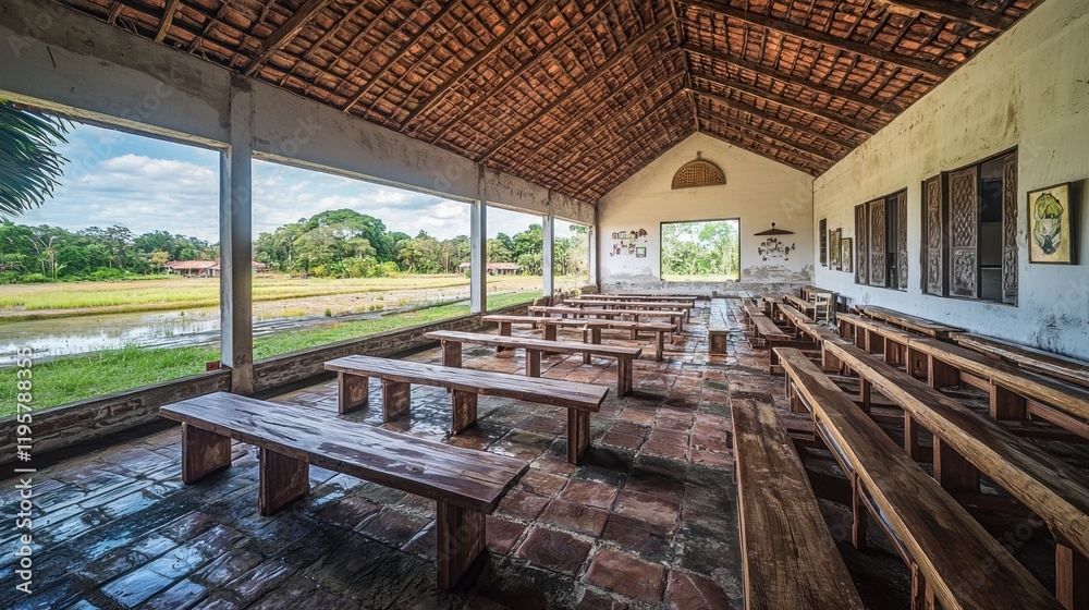 Rural chapel benches, tranquil landscape view Rural chapel benches, tranquil landscape view