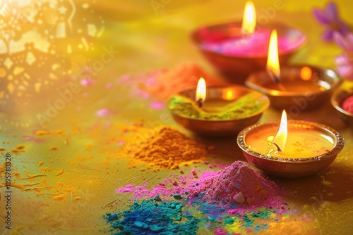 Diya lamp with candles and bowls of colorful powder on yellow background. Divaly celebration photo