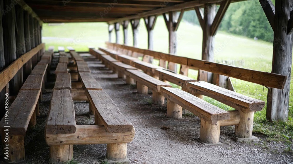 Rustic wooden benches under pavilion, mountain view, empty Rustic wooden benches under pavilion, mountain view, empty