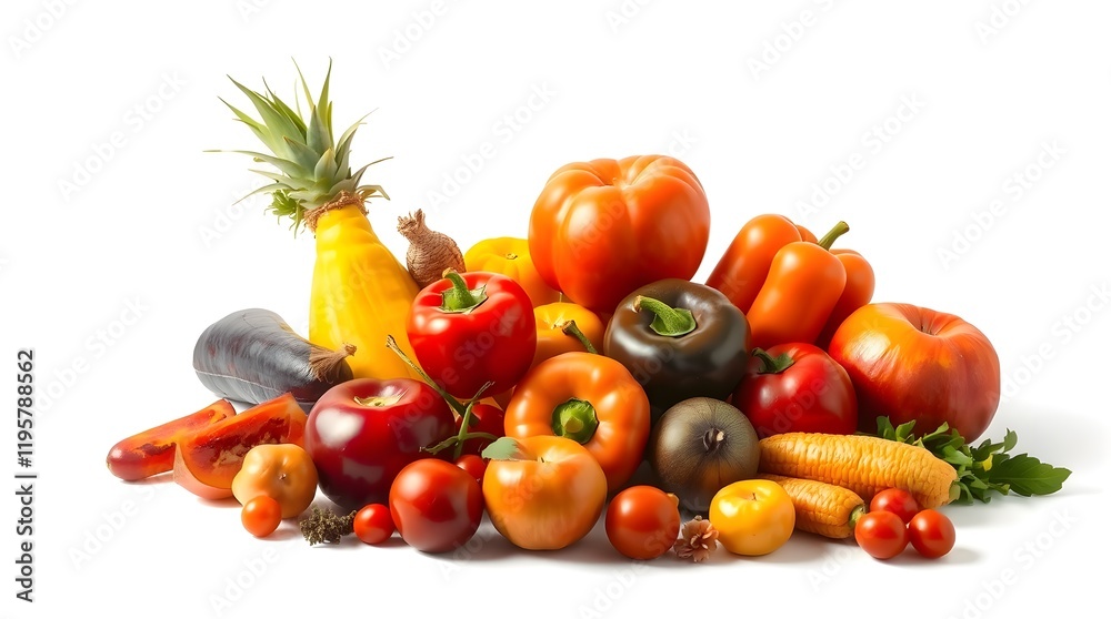 stock photo Deep ultraviolet hues, warm golden hour light. Colorful fruits and vegetables arranged on white background. stock photo Deep ultraviolet hues, warm golden hour light. Colorful fruits and vegetables arranged on white background.