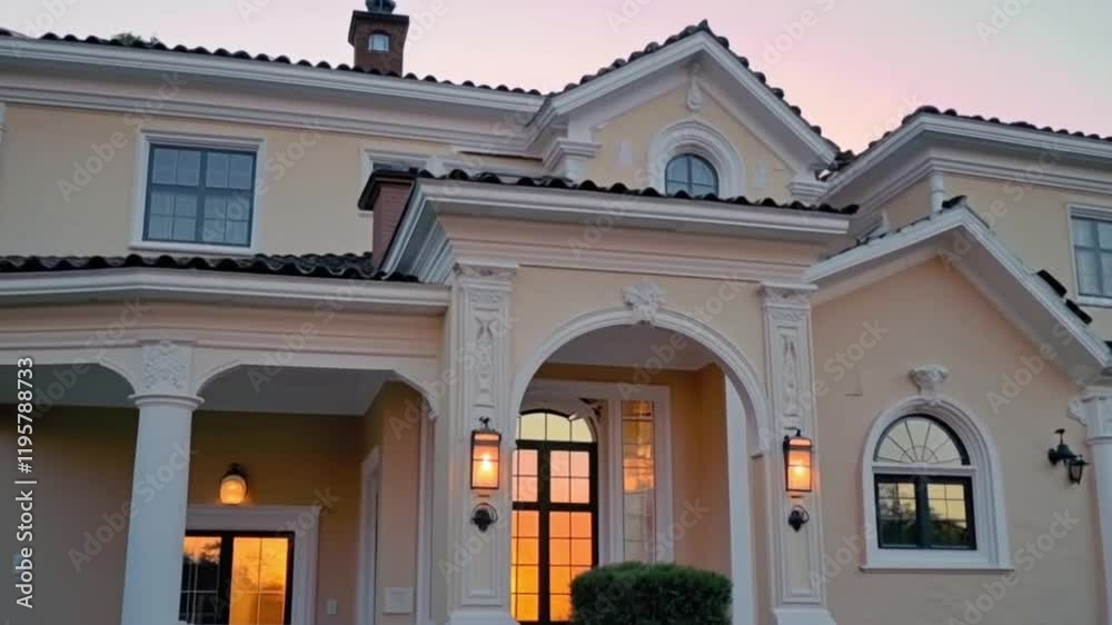 View of the house at dusk, with soft evening light highlighting its elegant exterior.