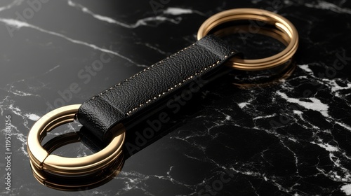 Elegant Black Leather Keychain with Gold Rings on Marble Surface photo