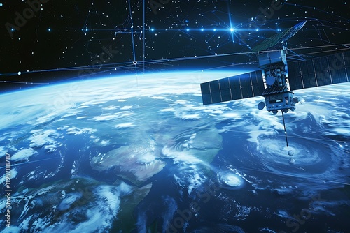 A satellite in Earths orbit observes a swirling weather system below. Stars and constellations are visible in the dark expanse of space. The image showcases advanced technology monitoring our planet. photo