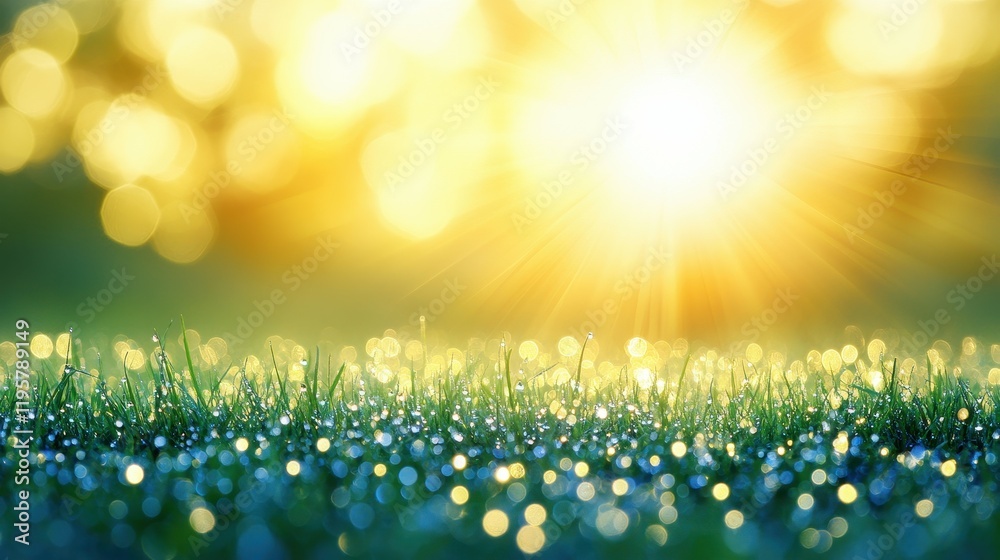 Obraz premium A field of grass with a bright sun shining on it. The sun is casting a warm glow on the grass, making it look like a peaceful and serene scene