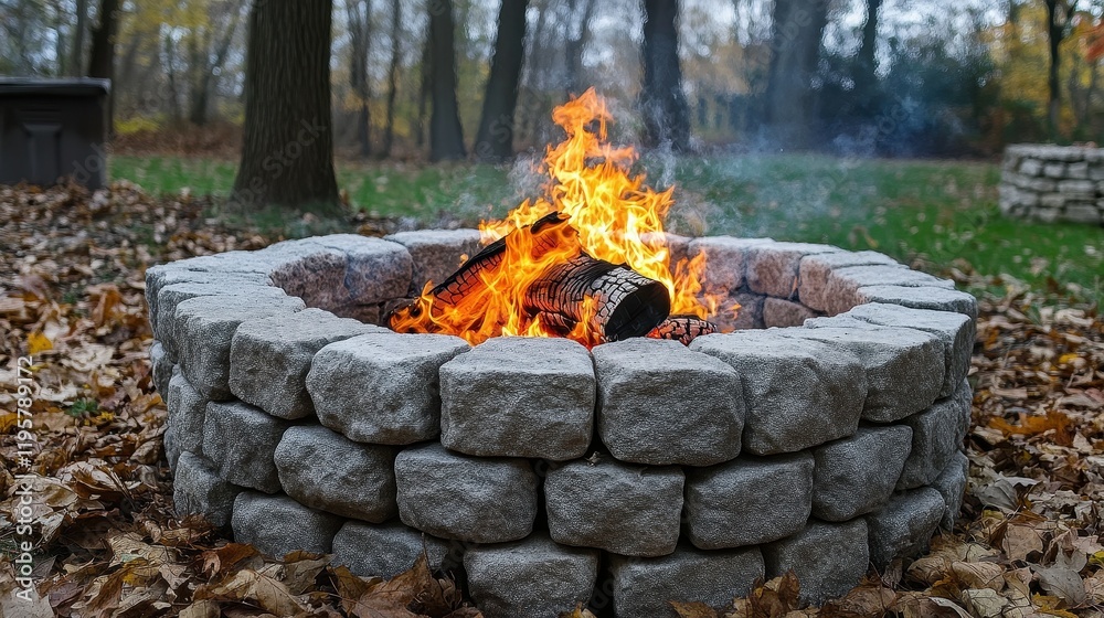 A fire is burning in a brick fire pit. The fire is surrounded by leaves and the fire pit is surrounded by a brick wall A fire is burning in a brick fire pit. The fire is surrounded by leaves and the fire pit is surrounded by a brick wall